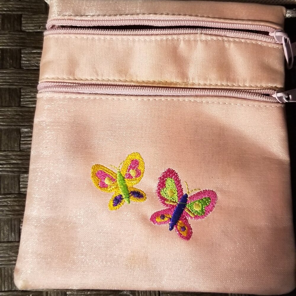 Pink Pouch with Butterfly Embroidery & Strap To Carry.